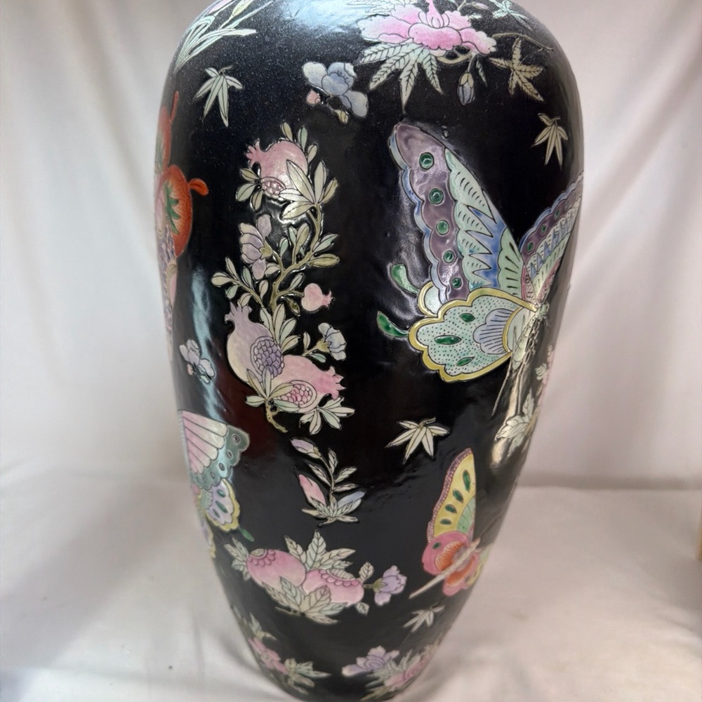 Black Ceramic Vase with Pastel Butterfly & Floral Motif